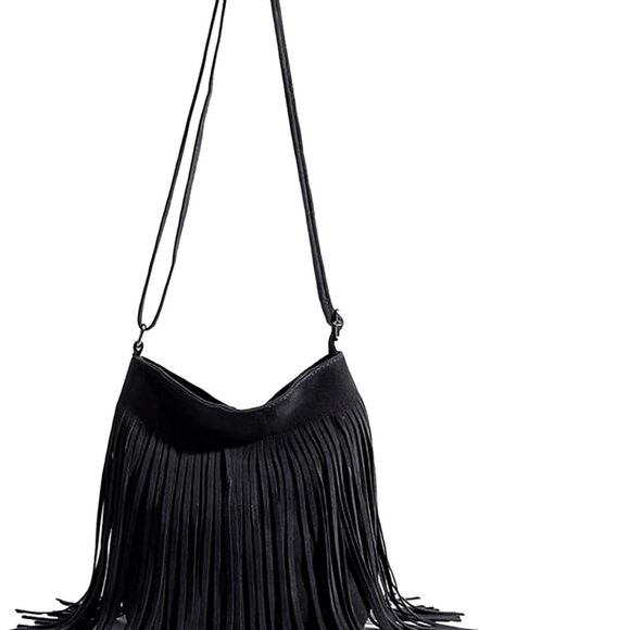 Black boho suede fringe crossbody bag for women, adjustable for festivals & part - Picture 1 of 6